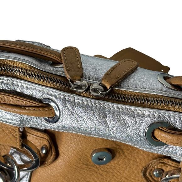 Gustto Italian Leather Large Satchel Bag Tan Silver - Picture 7 of 10